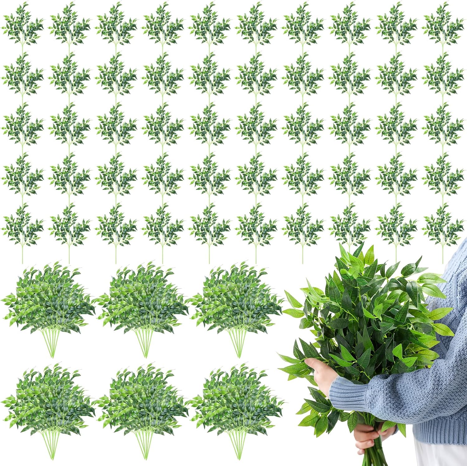Ruscus Stem Faux - 100 Stück künstliche italienische Ruscus-Grünpflanzenstiele, 26,8